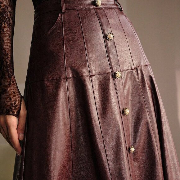 brown Elegant Women's Faux Leather Buckle Detail Skirt - Picture 2 of 6